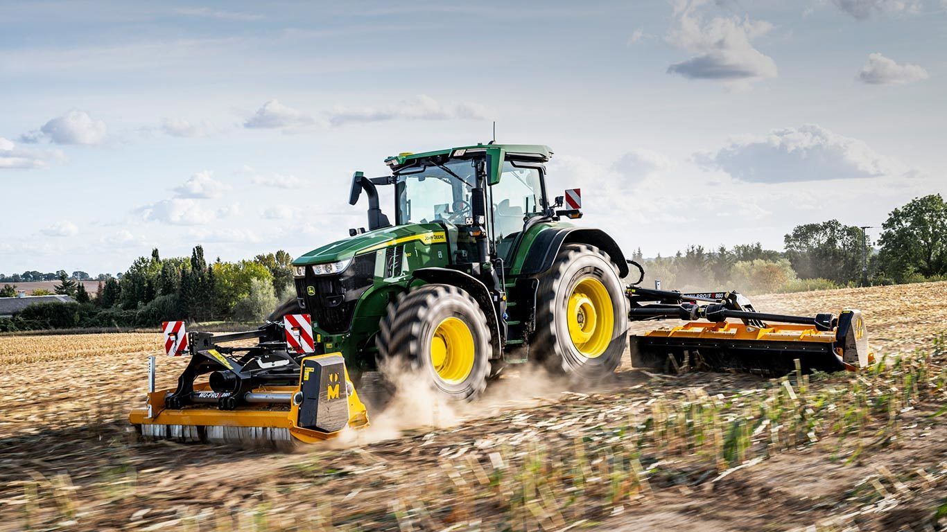 John Deere, Traktor, Mulcher, Stoppelfeld, Staub, 16:9, HD-Hintergrundbild für den Desktop