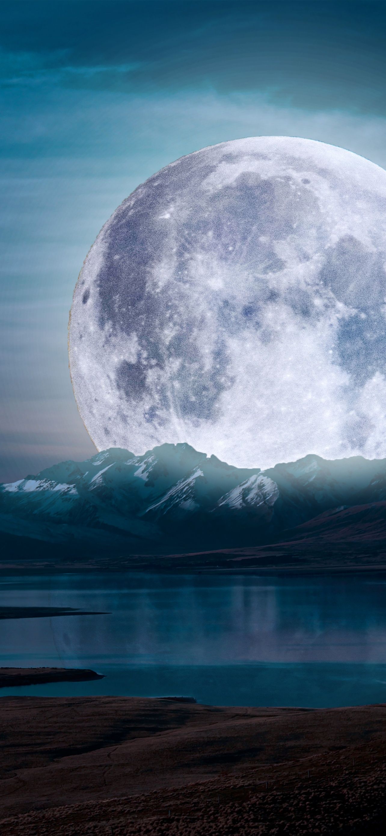 Vollmond, See, Berge, Nacht, Wolken, Blau, iPhone-16-Pro-Max-Sperrbildschirm