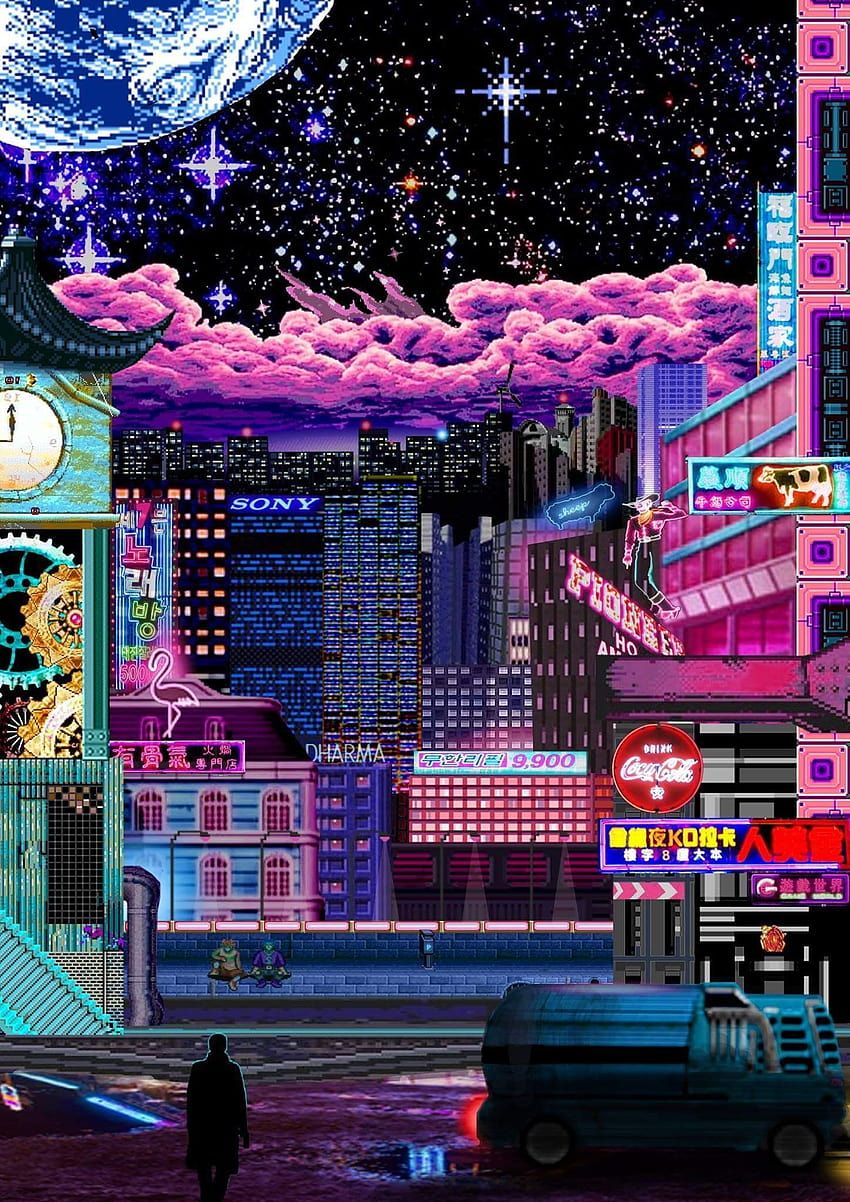 Pixel-Art, Nachtstadt, Neonlicht, Erde, Weltall, Google-Pixel-8-Hintergrundbild