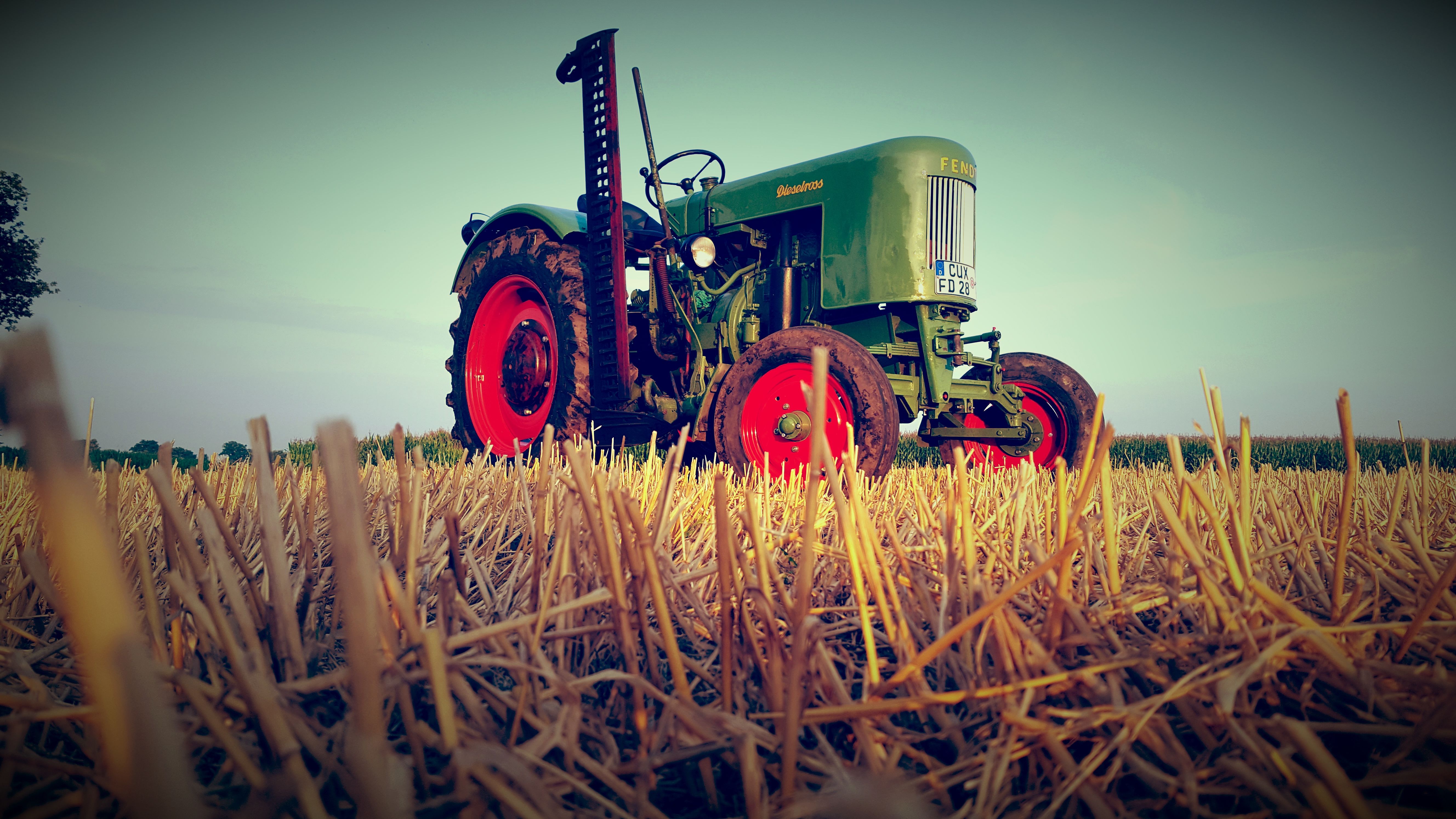 Oldtimer-Traktor, Stoppelfeld, Rote Felgen, Vintage, Sommer, 5K, Desktop-Hintergrund