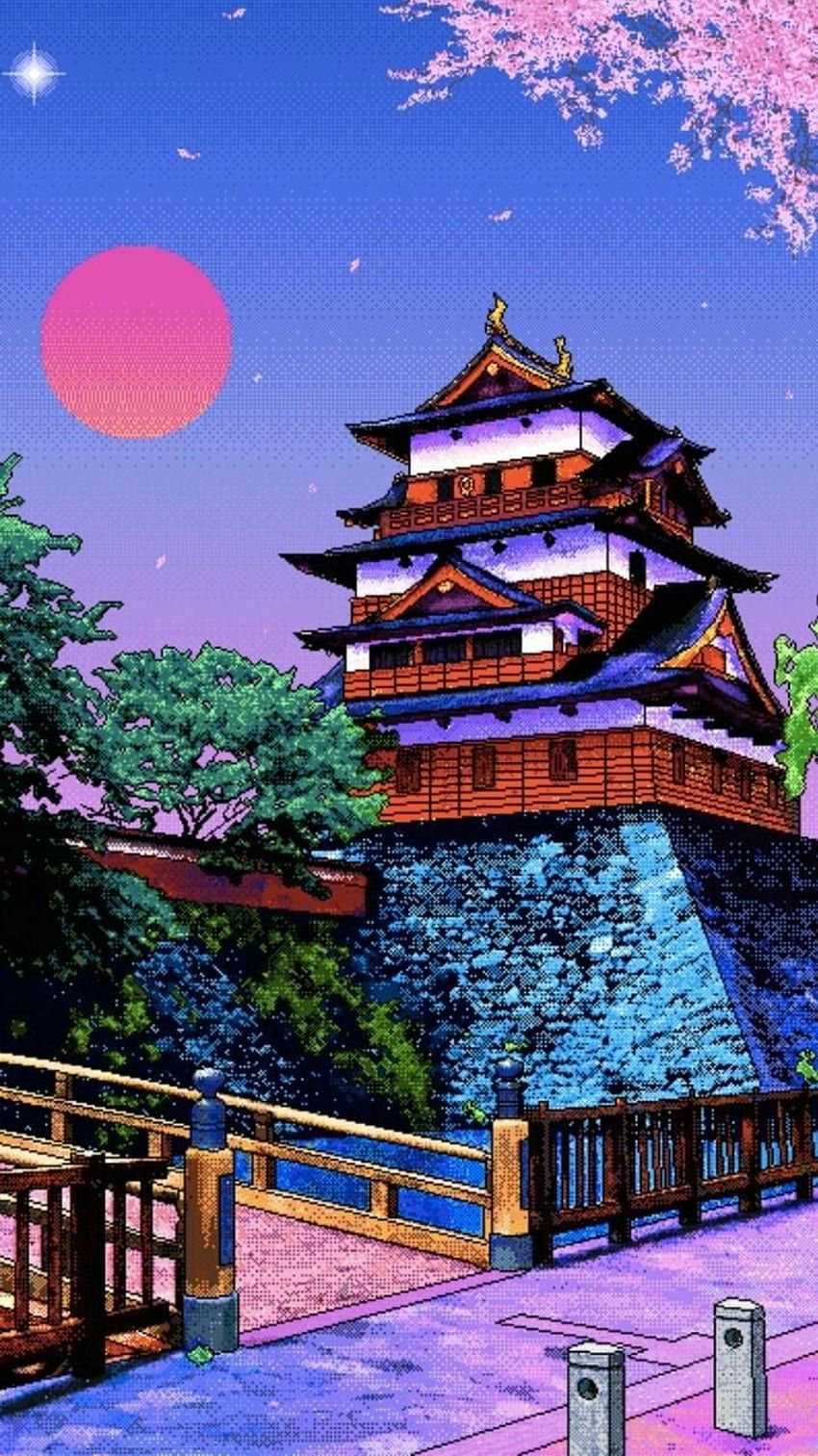 Japanische Burg, Kirschblüten, Pixel-Art, Nacht, Lila, Sperrbildschirm fürs Google Pixel 8