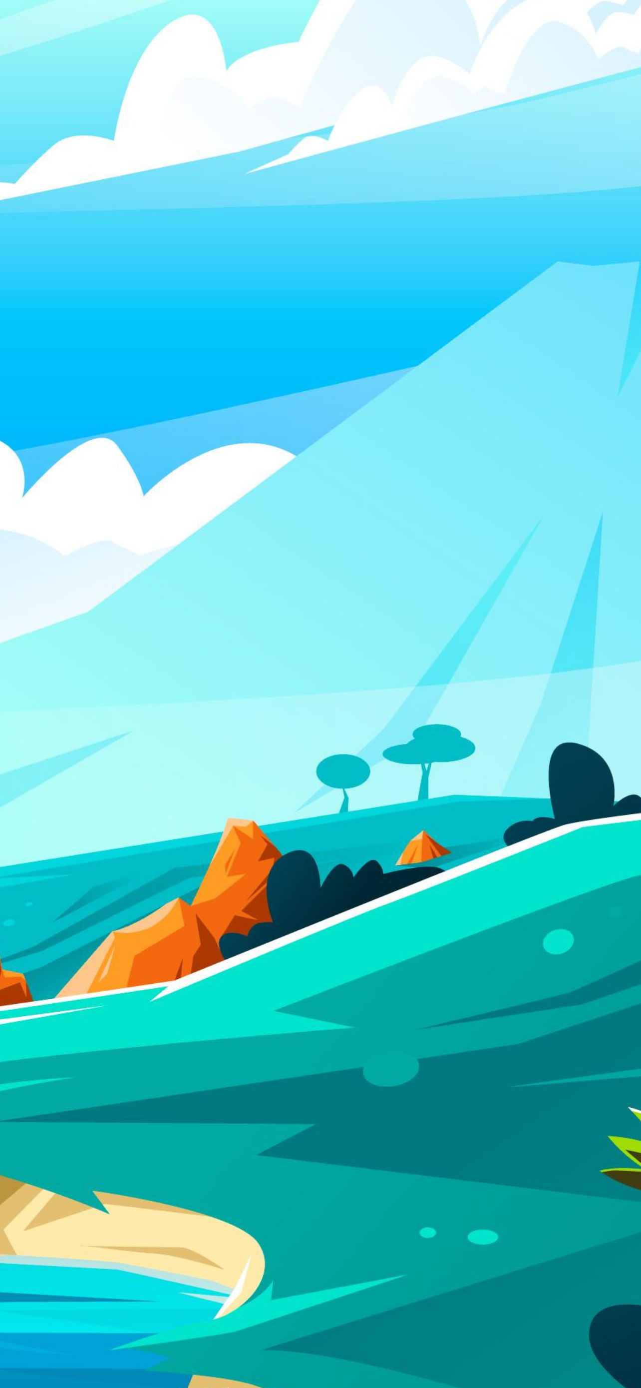 Insel, Meer, Illustration, Wolken, Türkis, Cartoon, iPhone 16 Pro Max, Handy-Hintergrund