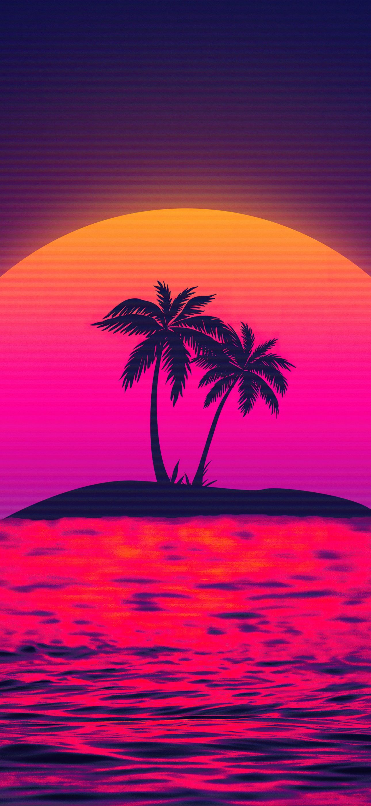 Retrowave, Palmen, Insel, Sonnenuntergang, Pink, Meer, Hintergrundbild fürs iPhone 16 Pro Max