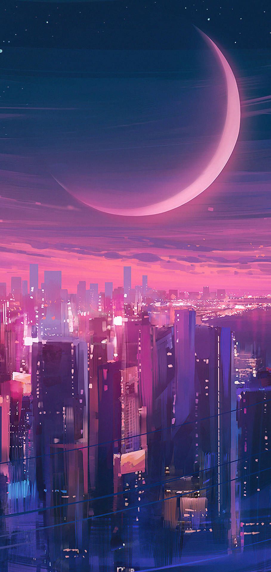 Mondsichel, Großstadt, Wolkenkratzer, Lila, Digitale Kunst, Galaxy-S24-Hintergrundbild
