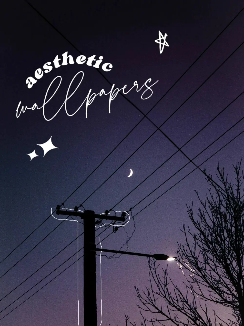 Aesthetic Wallpapers, Strommast, Nachthimmel, Sterne, Typografie, Galaxy S24, Hintergrundbild