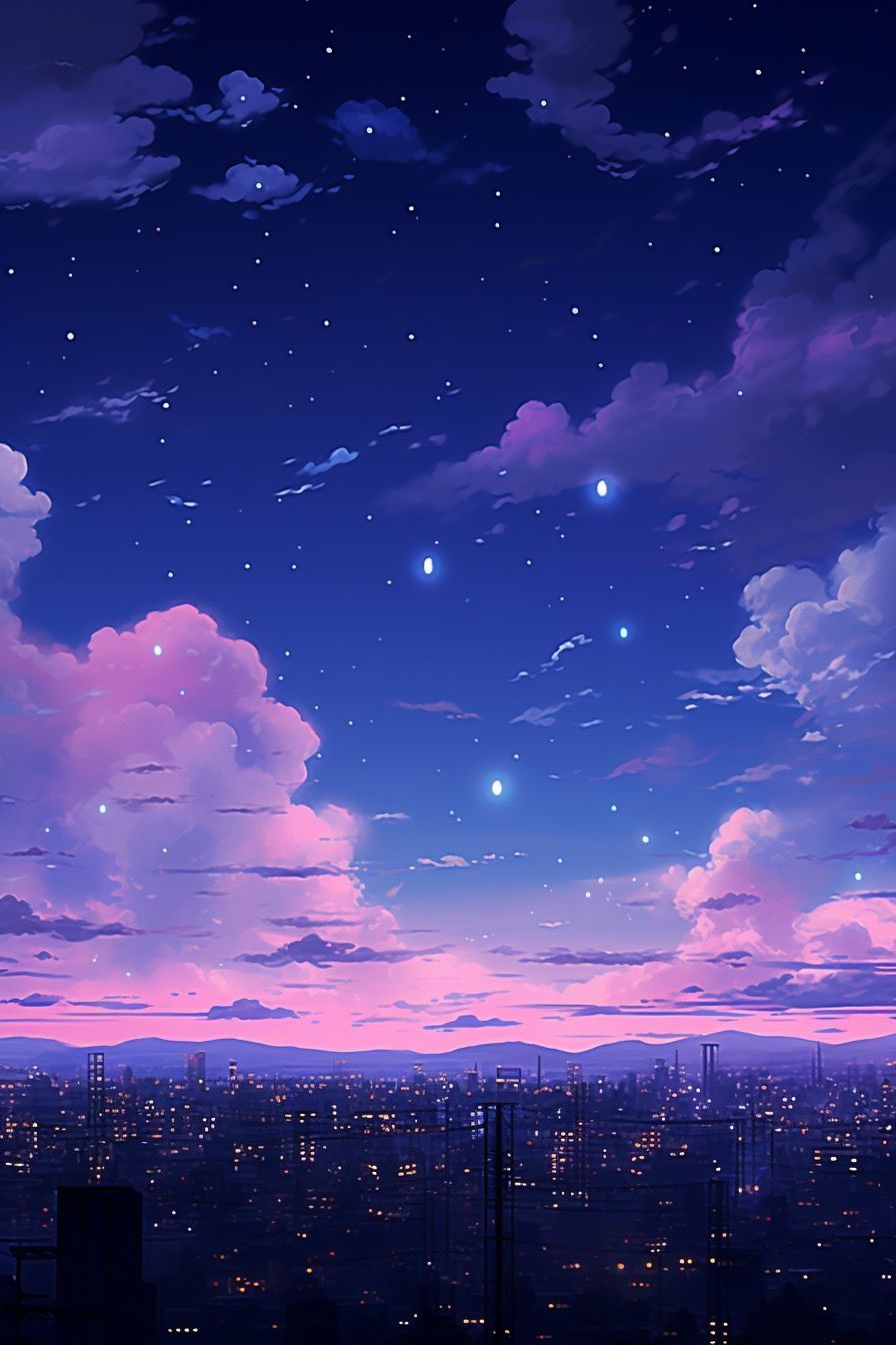 Anime-Himmel, Wolken, Sterne, Stadt bei Nacht, Lila, Galaxy S24, Sperrbildschirm