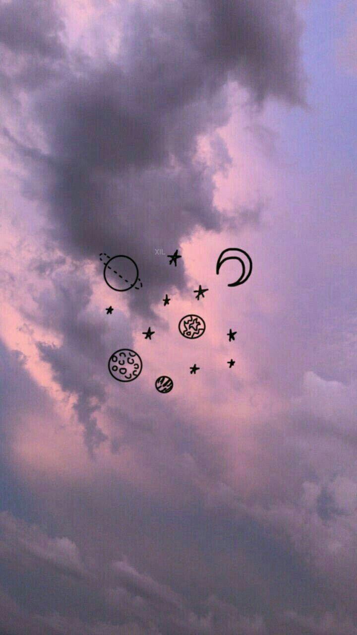 Wolken, Planeten-Doodles, Lila Himmel, Linienzeichnung, Hintergrundbild fürs Samsung Galaxy