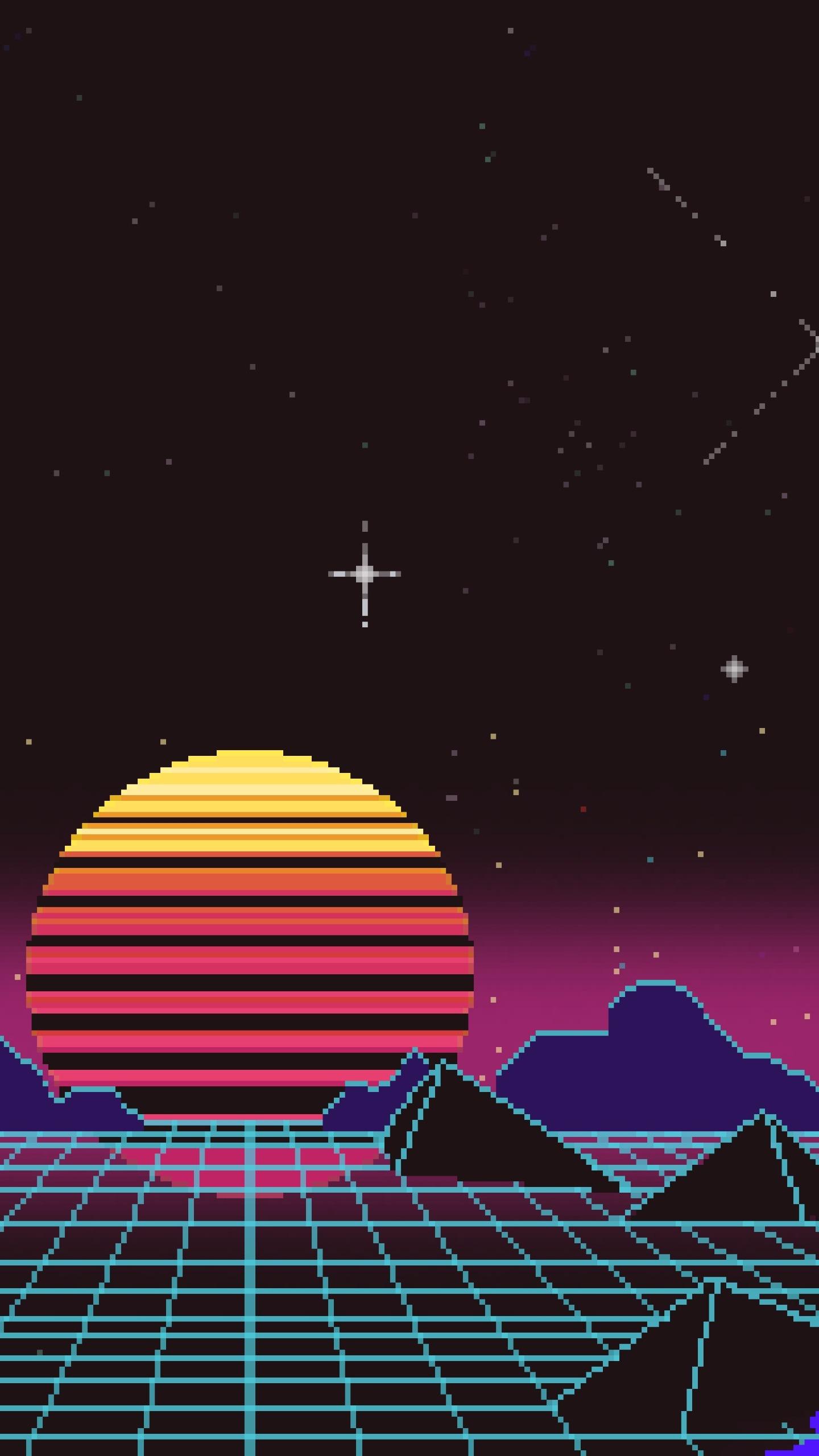 Synthwave, Retro-Sonne, Neongitter, Berge, 80er-Jahre, Hintergrundbild fürs Samsung Galaxy