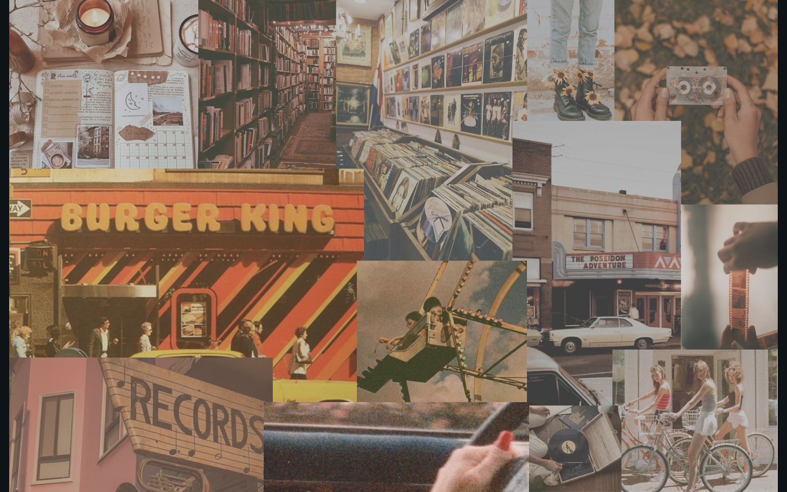 Burger King, Collage, Schallplattenladen, Retro-Ästhetik, Großstadt, 2K, PC-Hintergrundbild