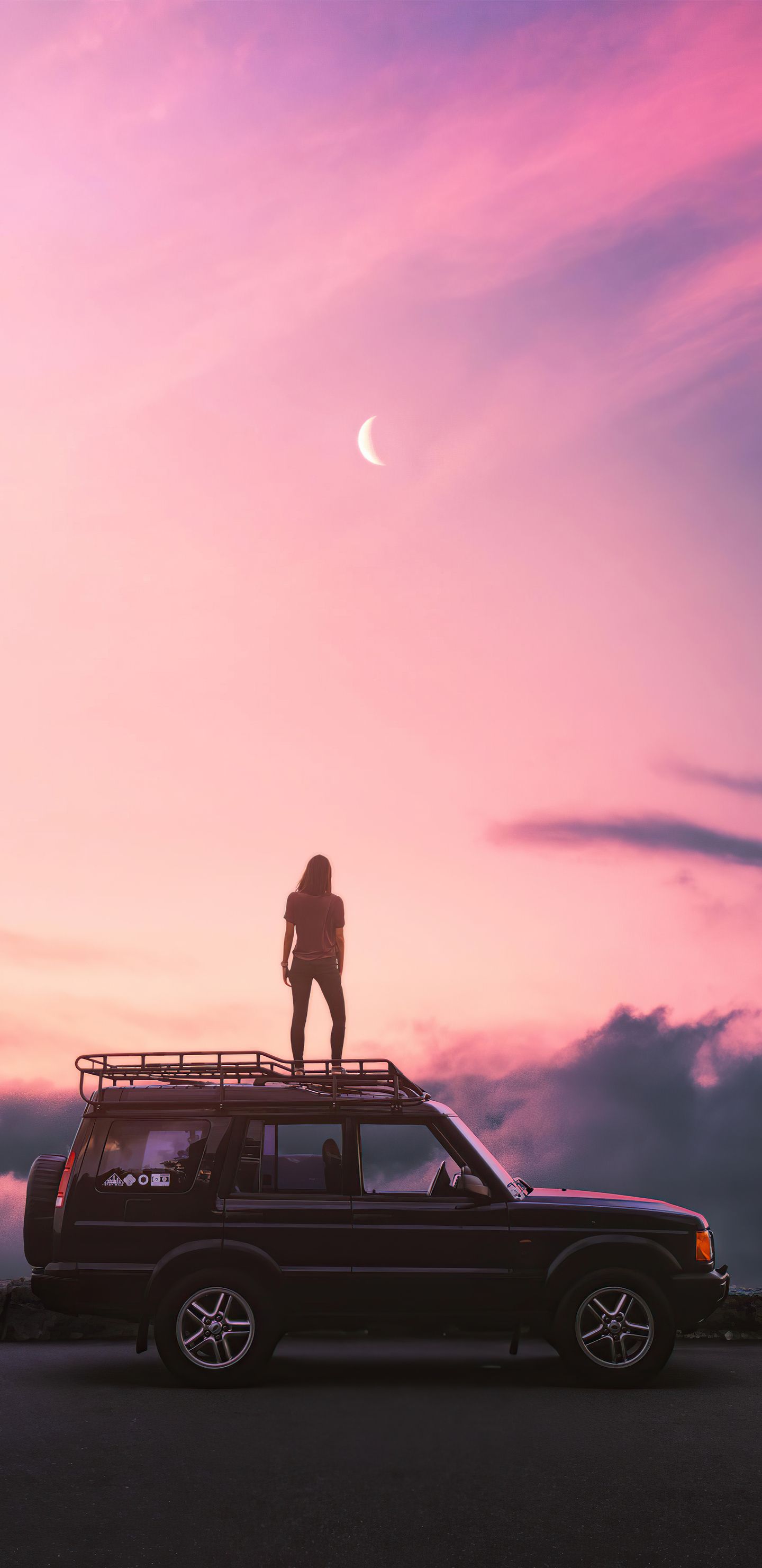 Geländewagen, Silhouette, Sonnenuntergang, Rosa Himmel, Abenteuer, Galaxy-S24-Sperrbildschirm