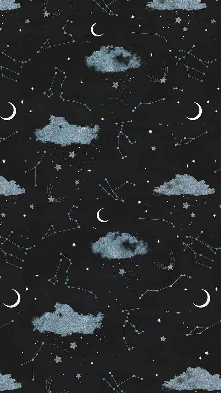 Wolken, Mondsicheln, Sterne, Muster, Schwarz, Galaxy S24, Handy-Hintergrundbild