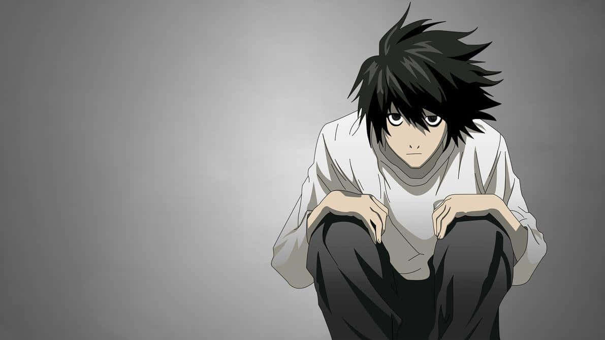 L Lawliet, Death Note, Anime, Grauer Hintergrund, Hockend, Wallpaper