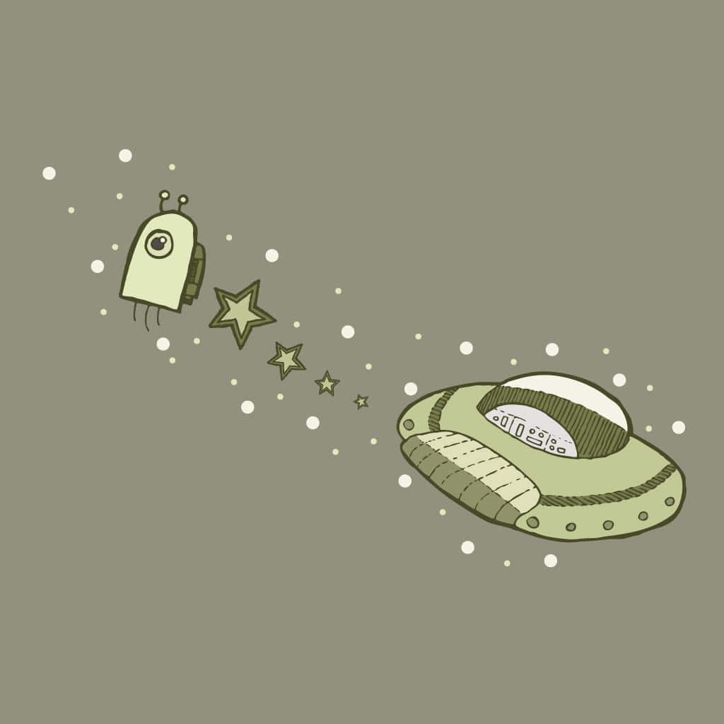 UFO, Alien, Sterne, Illustration, Olivgrün, Hintergrundbild für iPad und Tablet