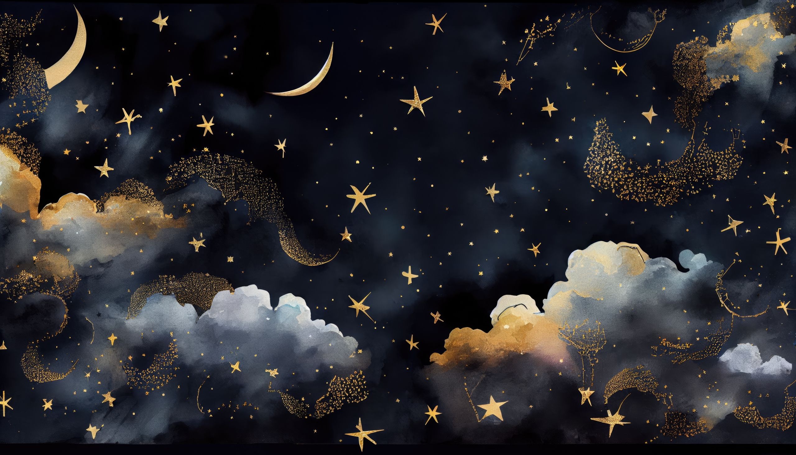 Sternenhimmel, Wolken, Mond, Gold, Dunkelblau, 2K, Desktop-Hintergrund für Windows