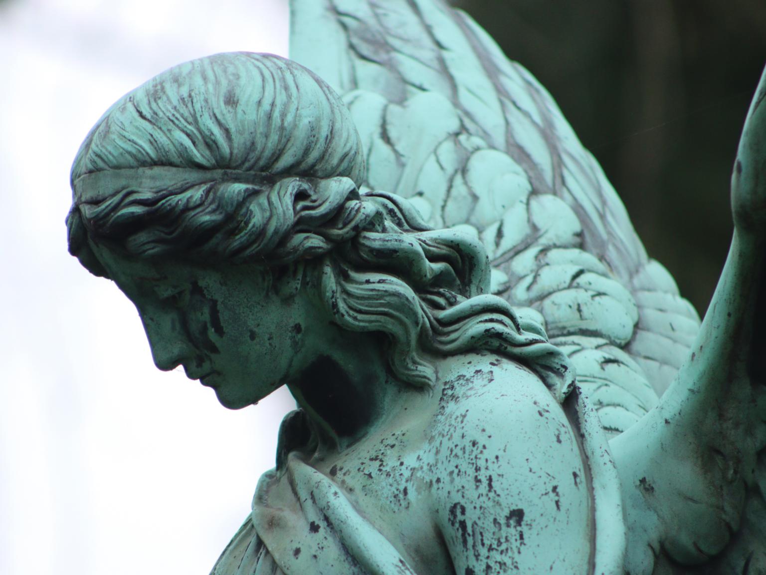 Engelsstatue, Grünspan, Friedhof, Flügel, Trauer, Hintergrundbild für iPad und Tablet
