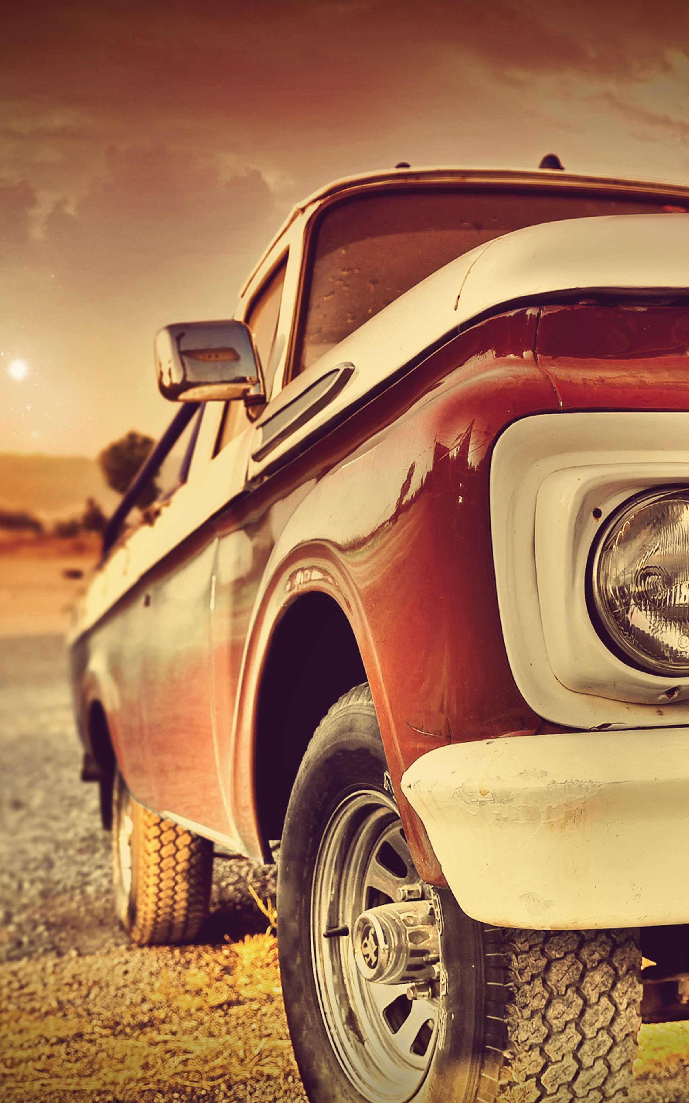 Oldtimer, Pick-up, Rost, Sonnenuntergang, Nahaufnahme, QHD+, Hintergrundbild fürs Handy