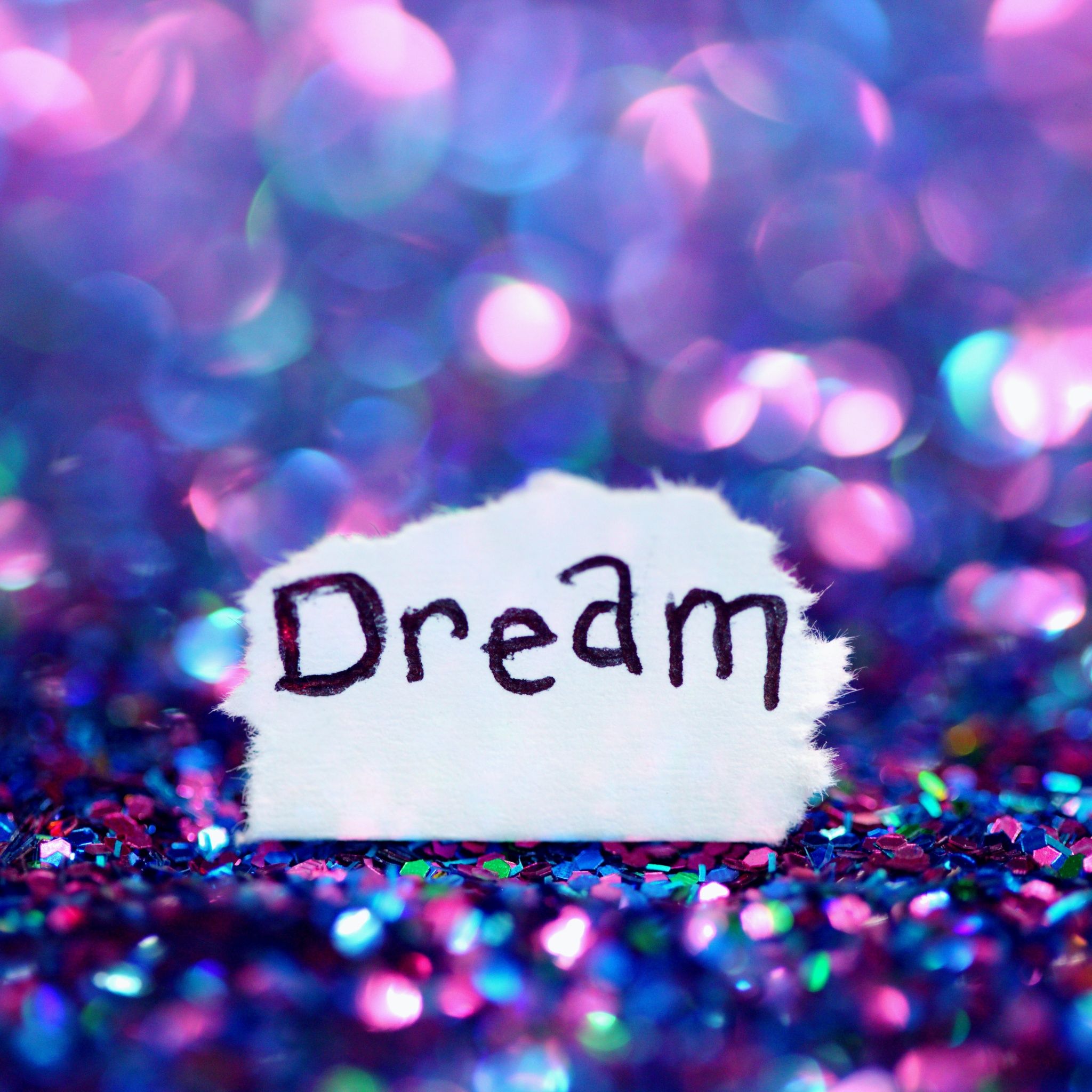 Dream, Schriftzug, Glitzer, Bokeh, Lila und Blau, Full HD, iPad-Hintergrundbild