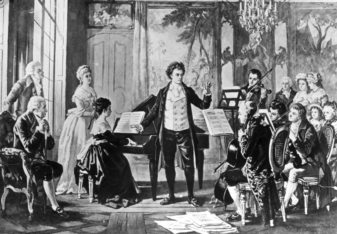 Ludwig van Beethoven, Salonkonzert, Klavier, Kupferstich, Schwarz-Weiß, Hintergrund