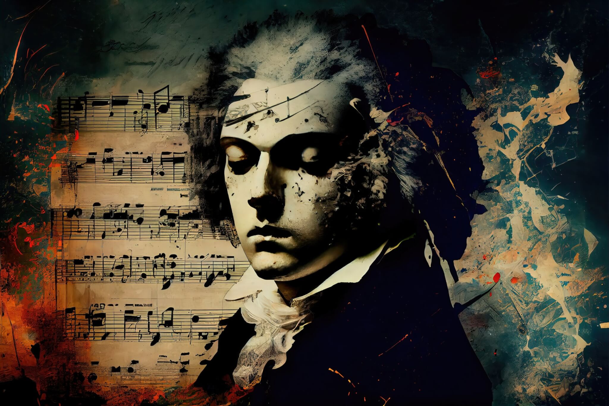 Ludwig van Beethoven, Collage, Notenblatt, Grunge, Digitale Kunst, Full HD, Windows-Hintergrundbild