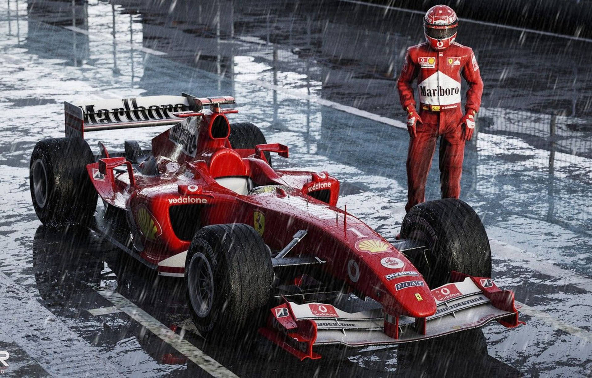 Michael Schumacher, Ferrari F2004, Formel 1, Regen, Boxengasse, Full HD, Laptop-Hintergrundbild