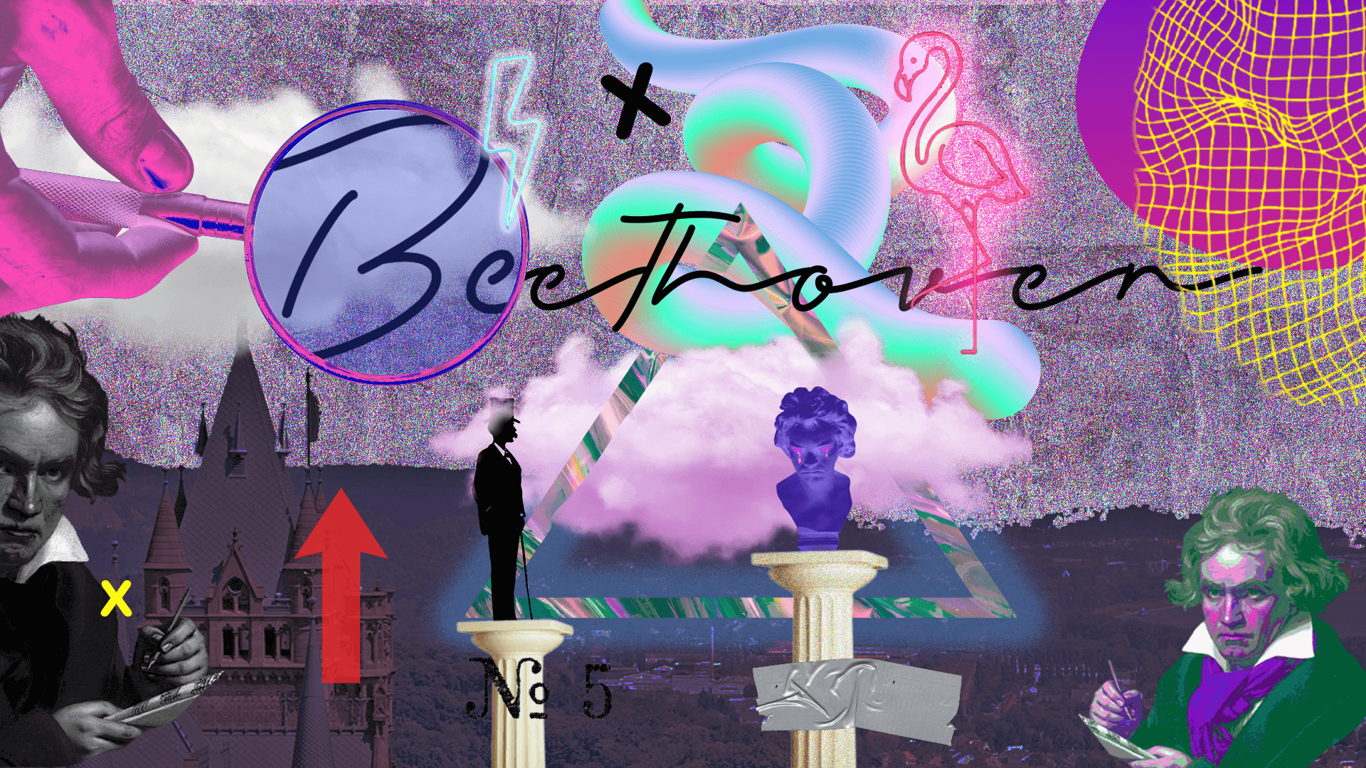 Ludwig van Beethoven, Collage, Vaporwave, Schriftzug, Surreal, Full-HD-Hintergrundbild für PC