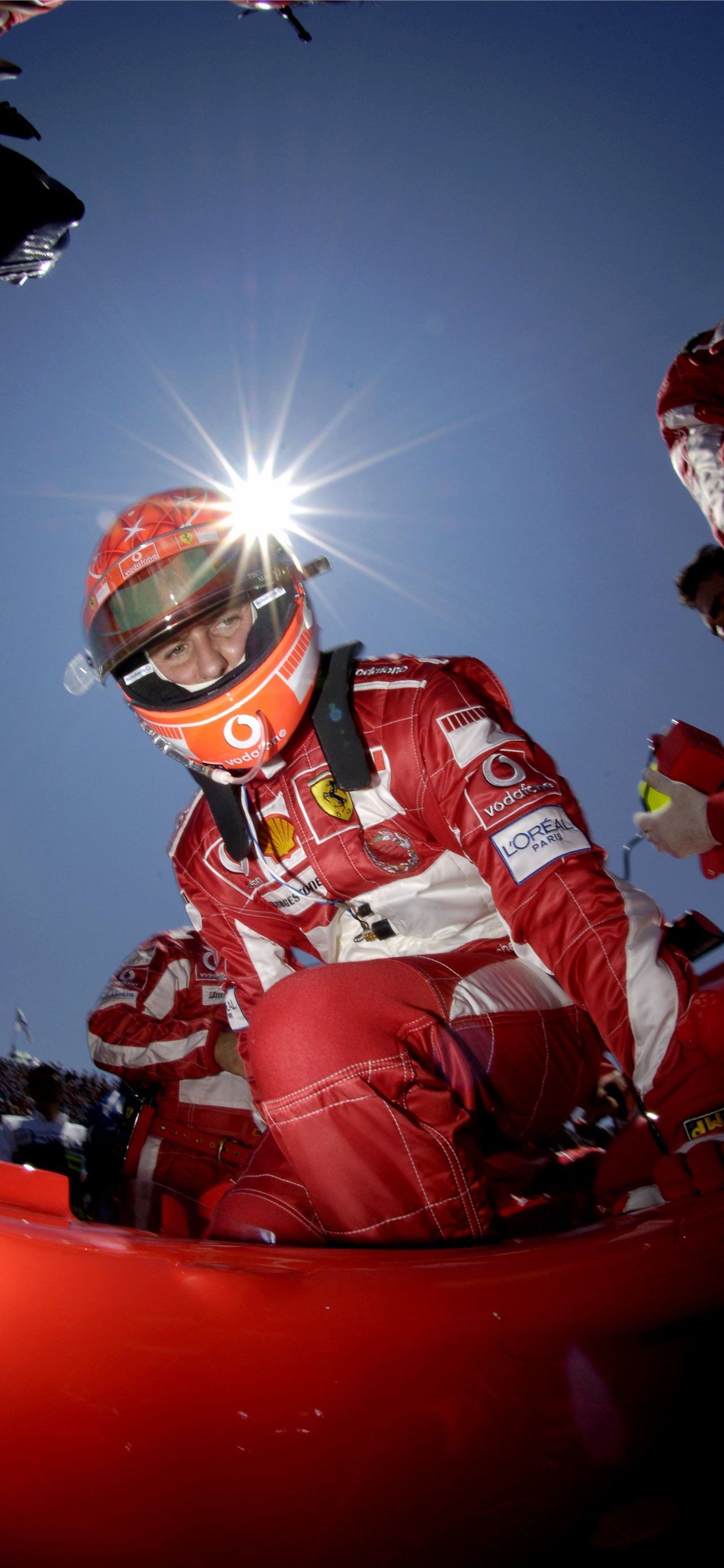 Michael Schumacher, Ferrari, Cockpit, Gegenlicht, Blauer Himmel, Full HD, iPhone-Hintergrundbild
