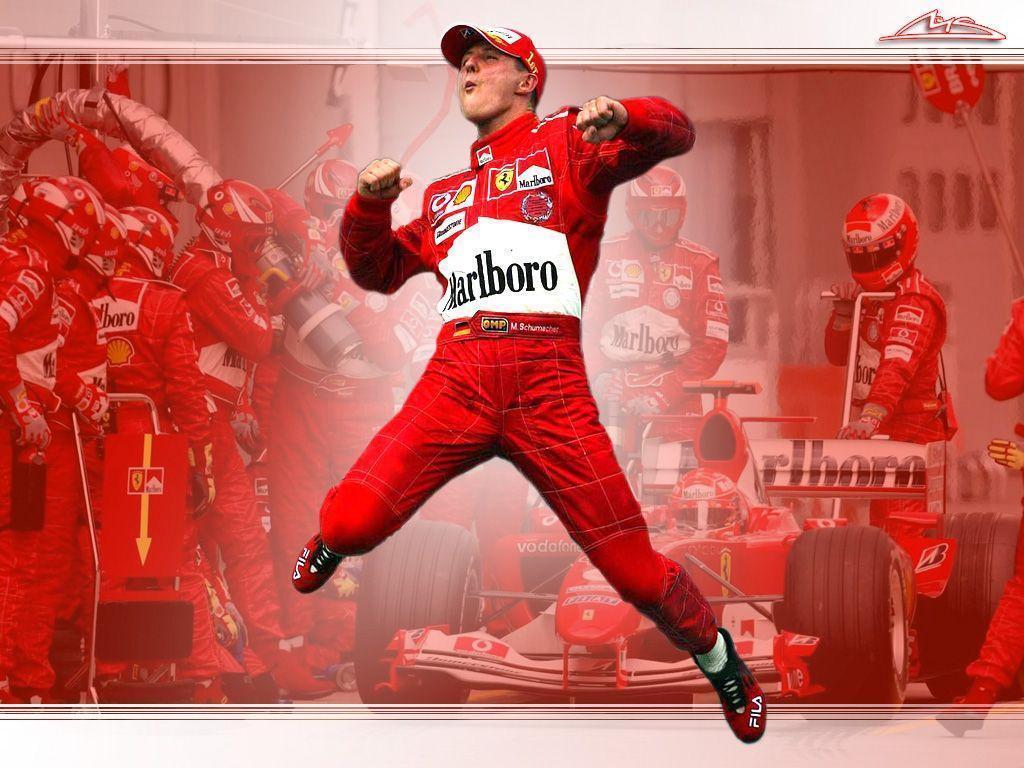 Michael Schumacher, Siegessprung, Ferrari, Boxencrew, Jubel, Hintergrundbild fürs iPad