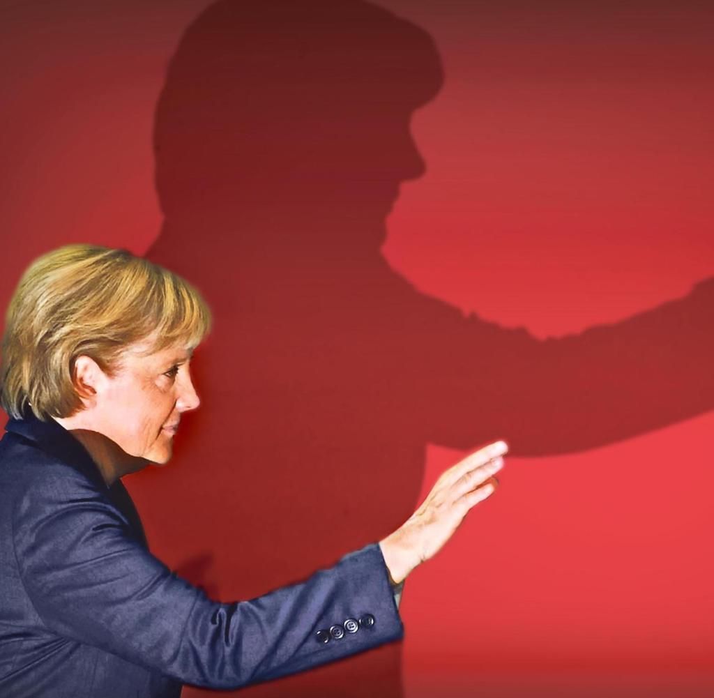 Angela Merkel, Schatten, Roter Hintergrund, Winken, Wallpaper
