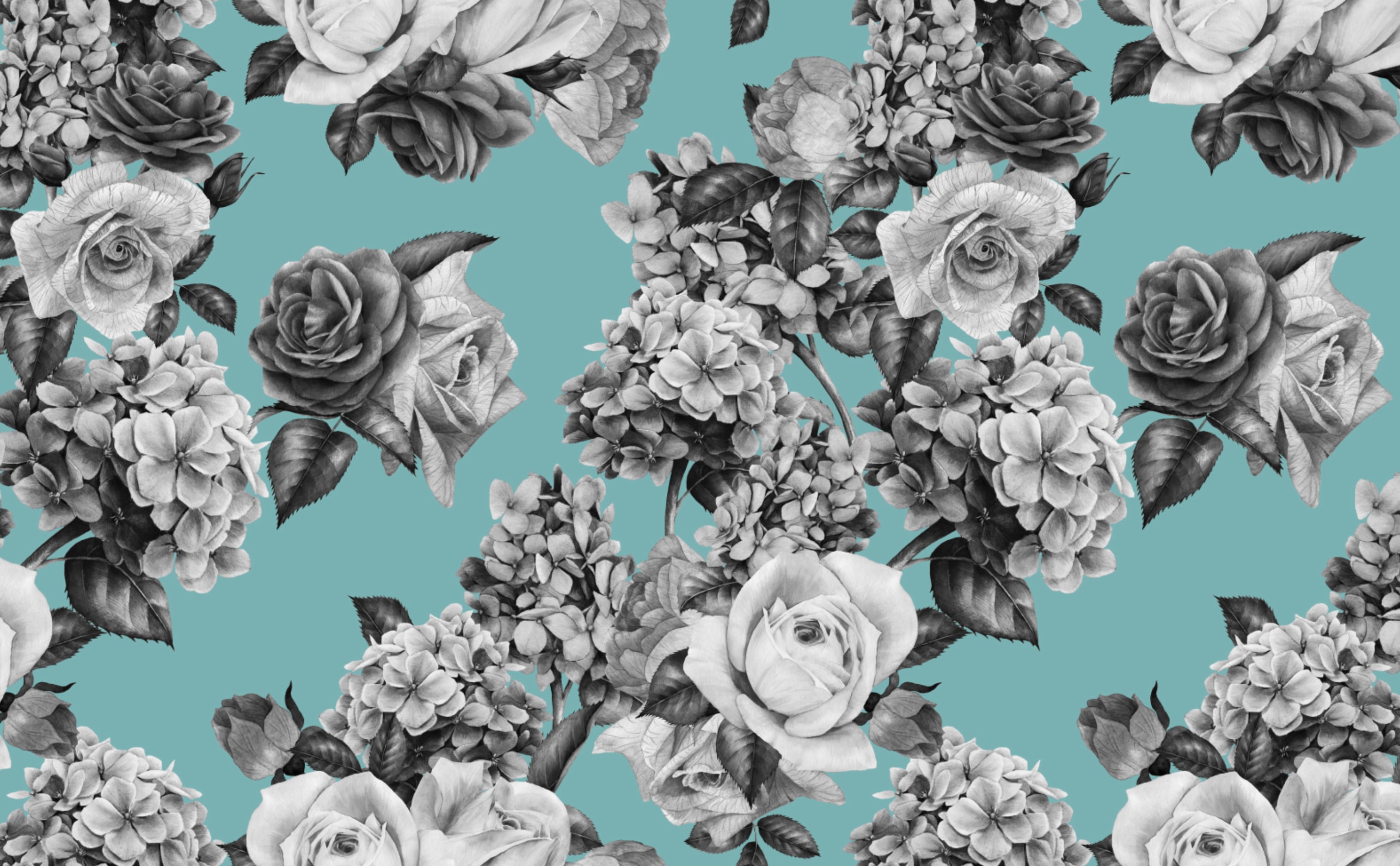 Rosen, Blumenmuster, Schwarz-Weiß, Türkis, 2K, Desktop-Hintergrund für Windows