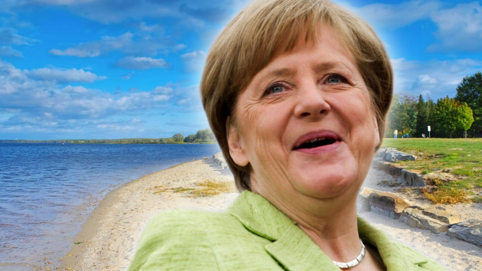 Angela Merkel, Strand, Meer, Lachen, Fotomontage, HD, Hintergrund für den Desktop