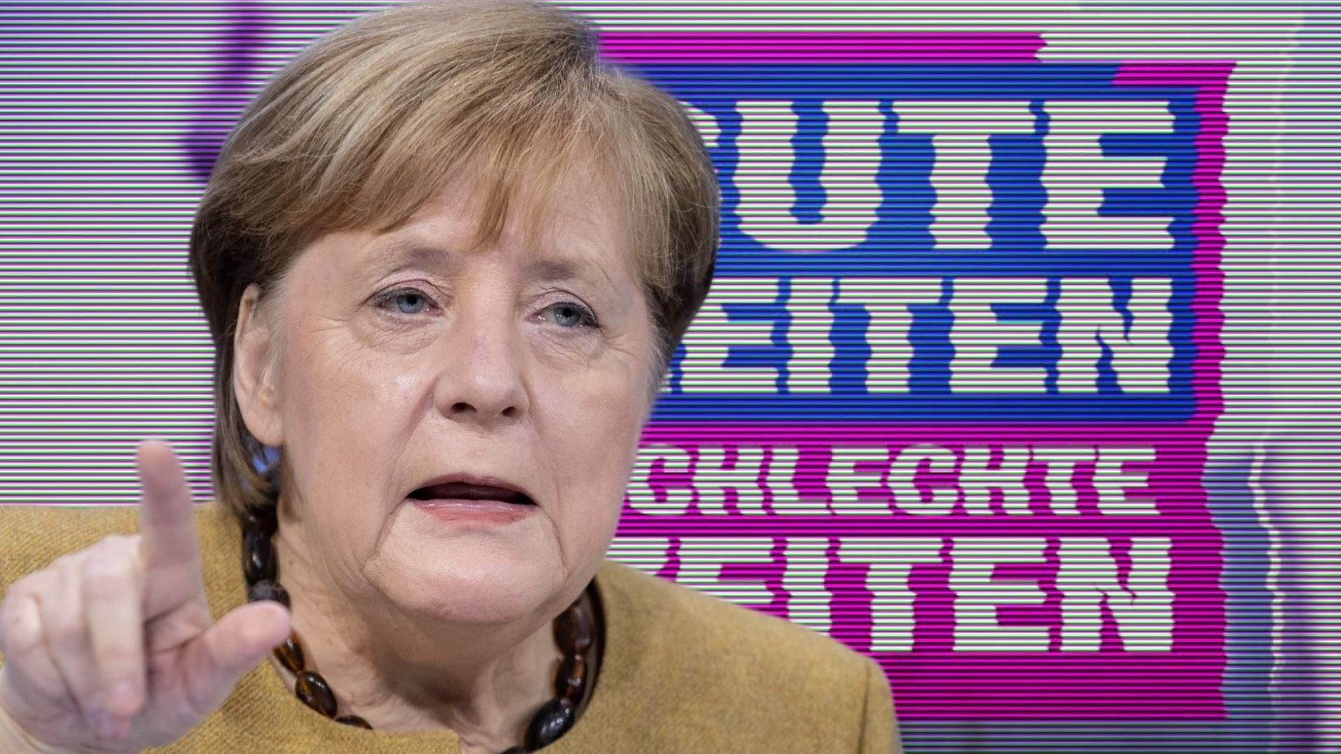 Angela Merkel, Gute Zeiten, schlechte Zeiten, Erhobener Zeigefinger, Fotomontage, 1080p-Hintergrundbild