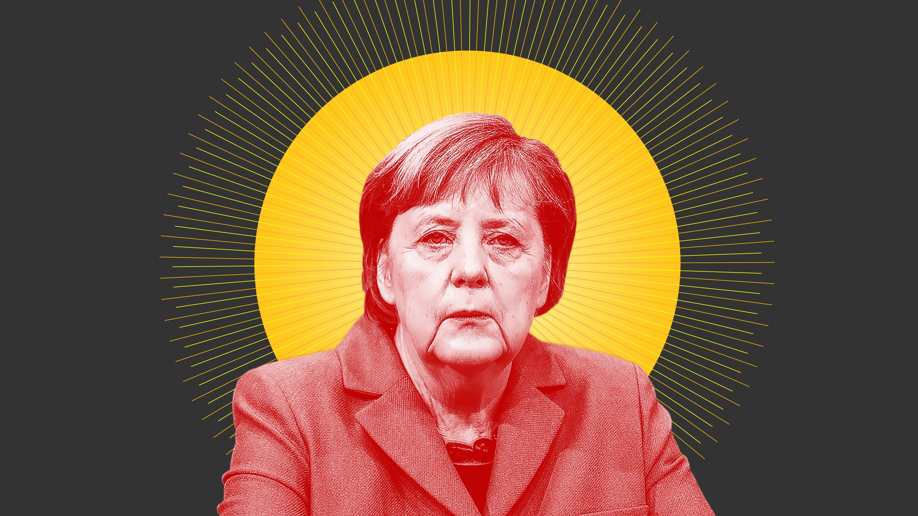 Angela Merkel, Heiligenschein, Rot, Gelb, Pop-Art, 2K, Hintergrundbild für den PC