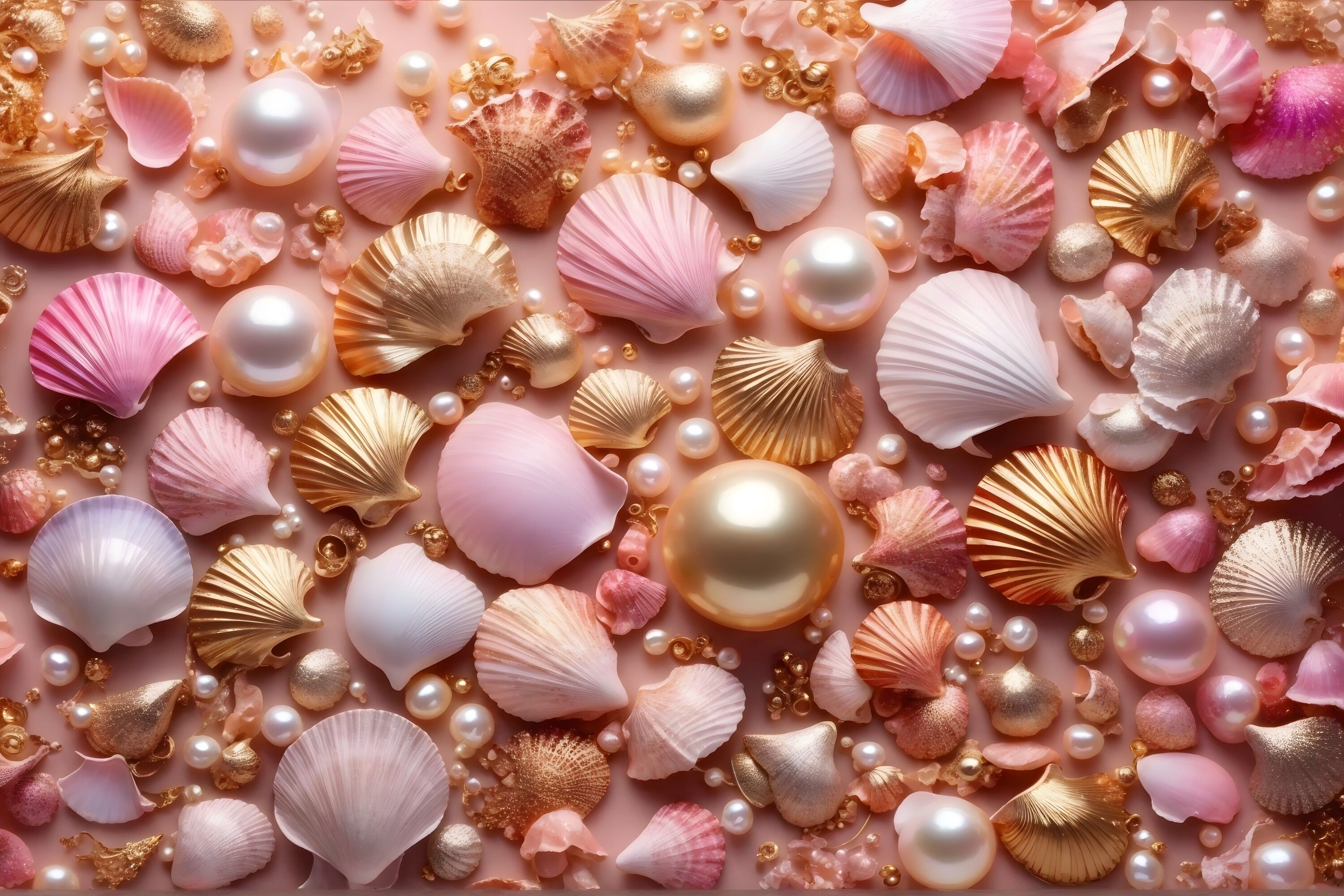 Muscheln, Perlen, Rosa Gold, Flatlay, 3D-Kunst, 2K, Desktop-Hintergrund für Windows