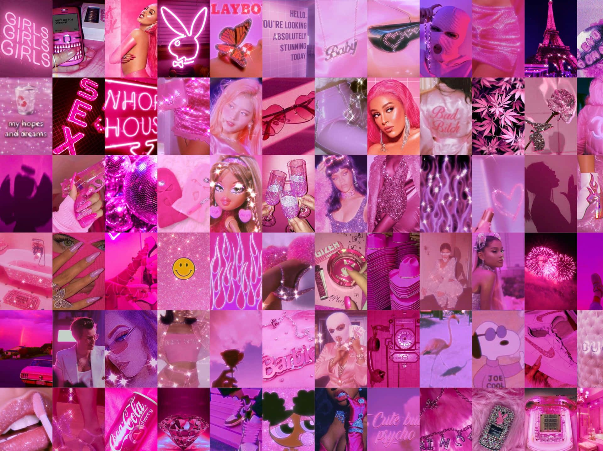 Collage, Pinke Ästhetik, Neonschrift, Fotowand, Full HD, iPad-Hintergrundbild