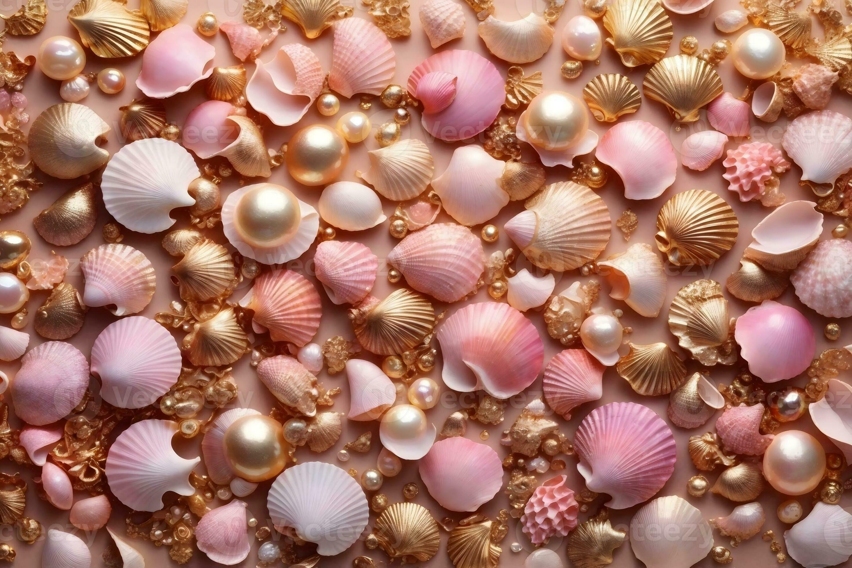 Muscheln, Perlen, Rosa Töne, Goldene Muscheln, Textur, 2K, Hintergrundbild für den PC