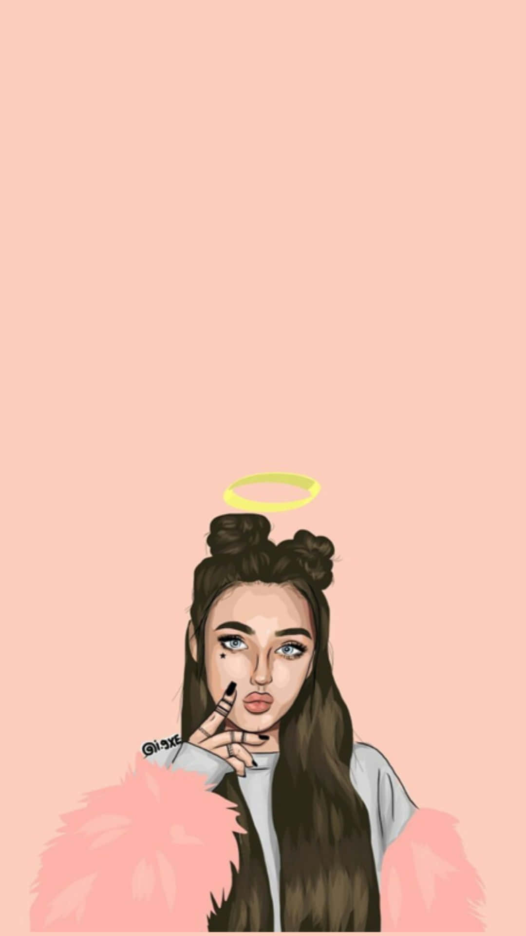 Mädchen, Heiligenschein, Illustration, Pfirsich Hintergrund, Langes Haar, Sperrbildschirm fürs iPhone