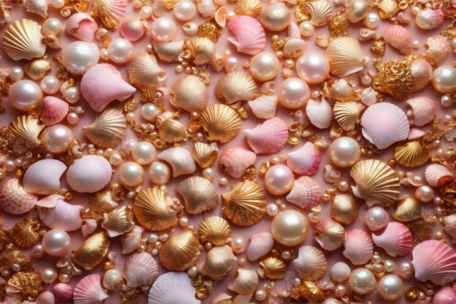 Muscheln, Perlen, Rosa Gold, Flatlay, HD, Hintergrundbild für den PC