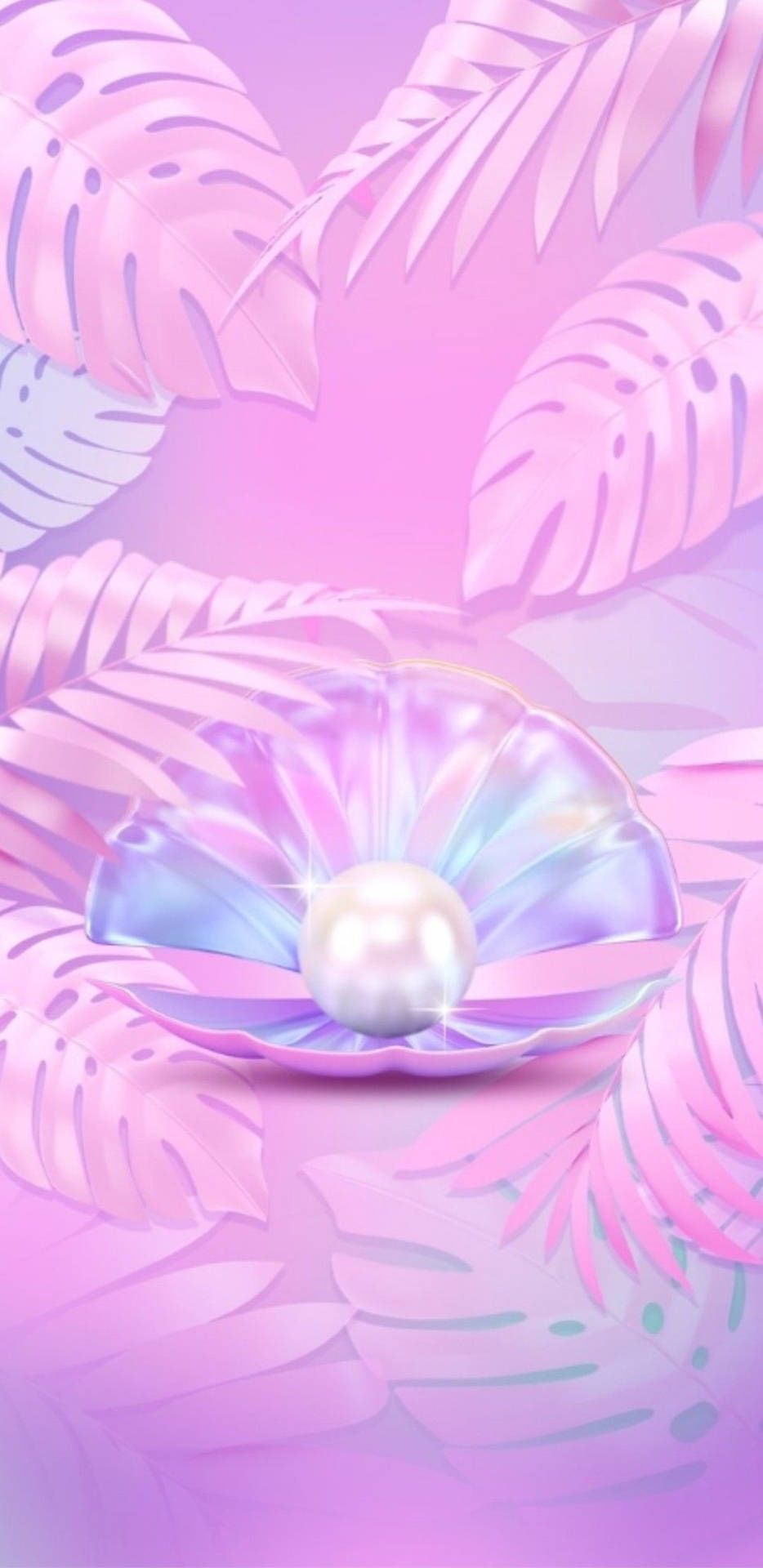Perle, Muschel, Palmblätter, Rosa Lila, 3D-Kunst, Hintergrundbild für iPhone und Android