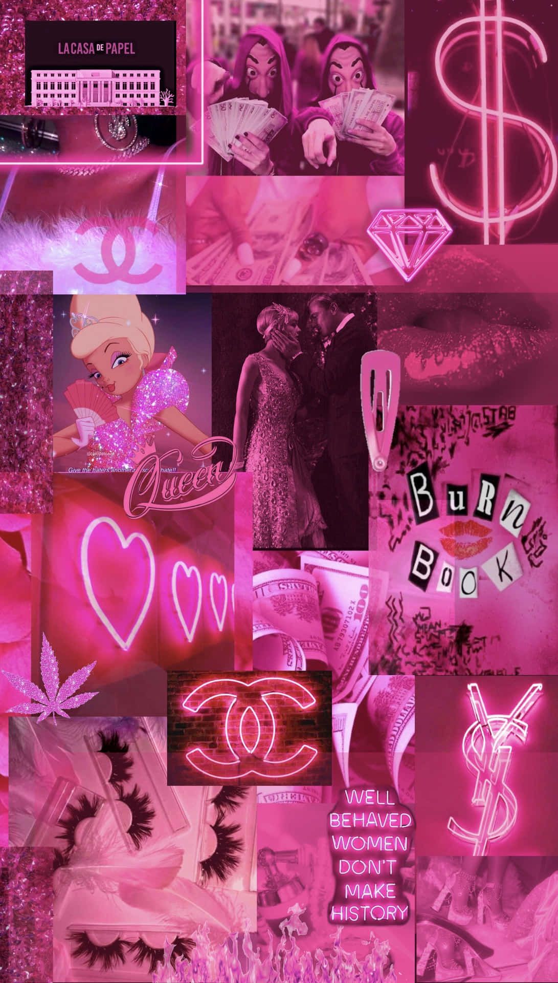 Pink Aesthetic, Collage, Neon, Chanel, Herzen, Glamour, Full HD, Hintergrundbild fürs Handy