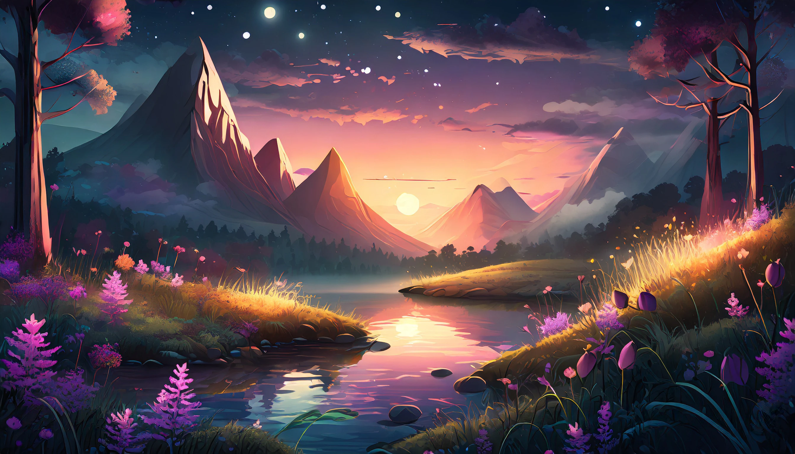 Berglandschaft, Fluss, Sonnenuntergang, Sternenhimmel, Digitale Kunst, Lila Blumen, 2K-Hintergrundbild