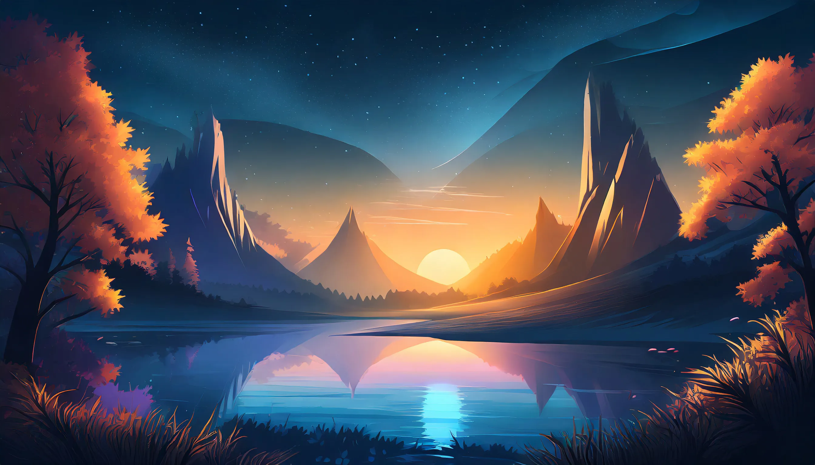 Berge, See, Sonnenuntergang, Herbstbäume, Digitale Kunst, Spiegelung, 2K, Laptop-Hintergrundbild