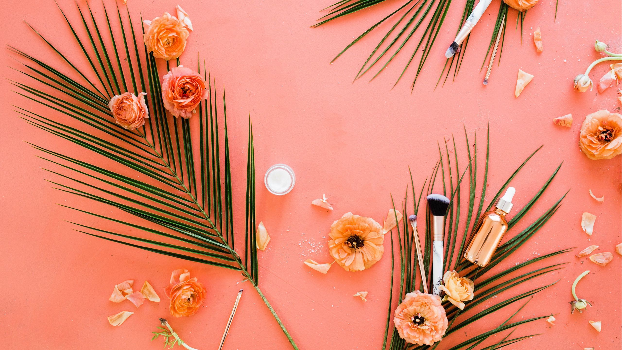 Palmblätter, Orange Blüten, Kosmetik, Flatlay, Korallenrot, 2K, PC-Hintergrundbild