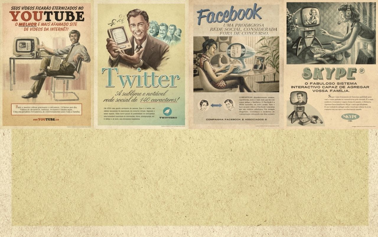 YouTube, Twitter, Facebook, Skype, Retro-Werbung, Parodie, HD, Laptop-Hintergrundbild