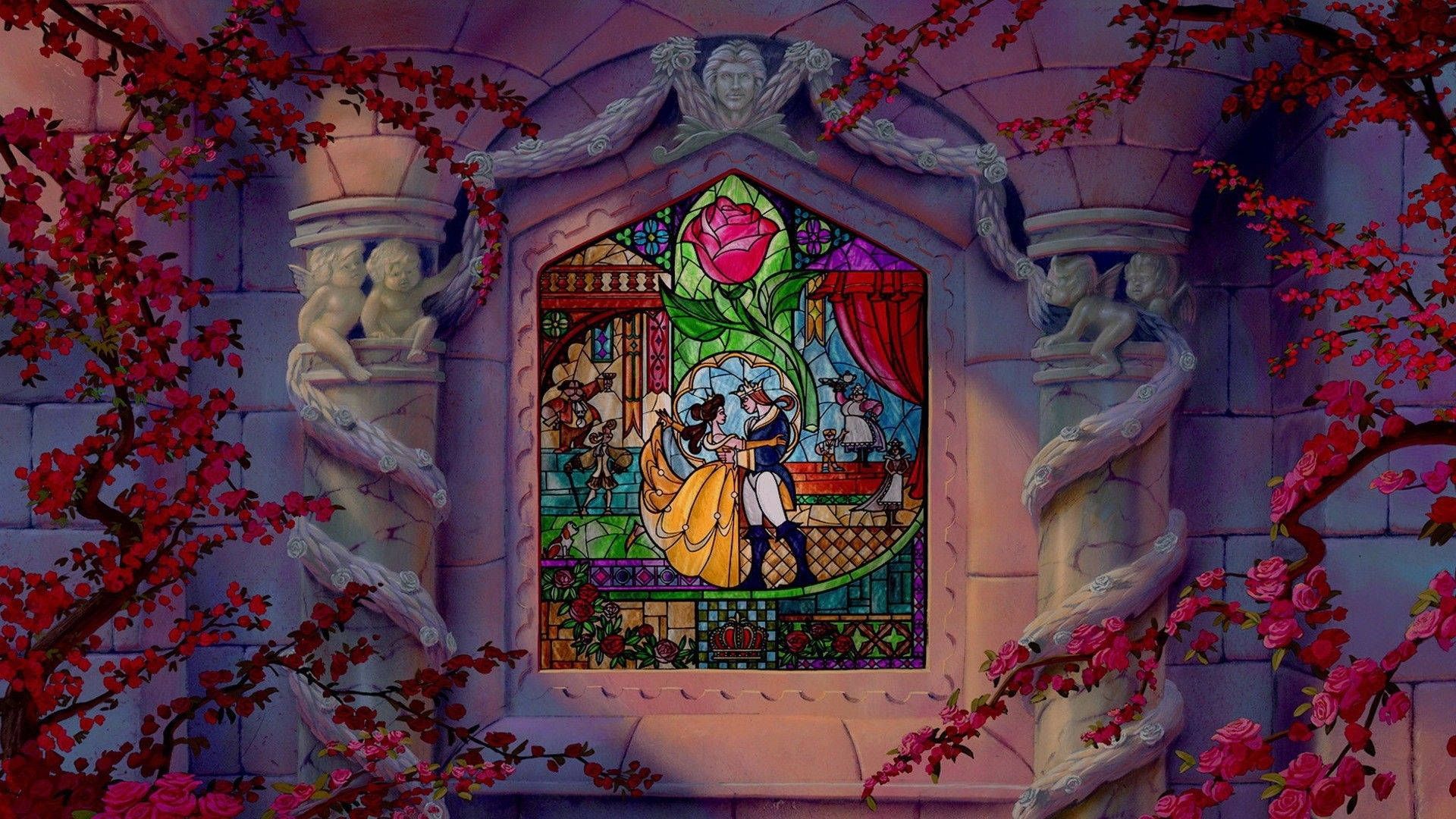 Die Schöne und das Biest, Belle, Biest, Buntglasfenster, Verzauberte Rose, Disney, 1080p-Hintergrundbild