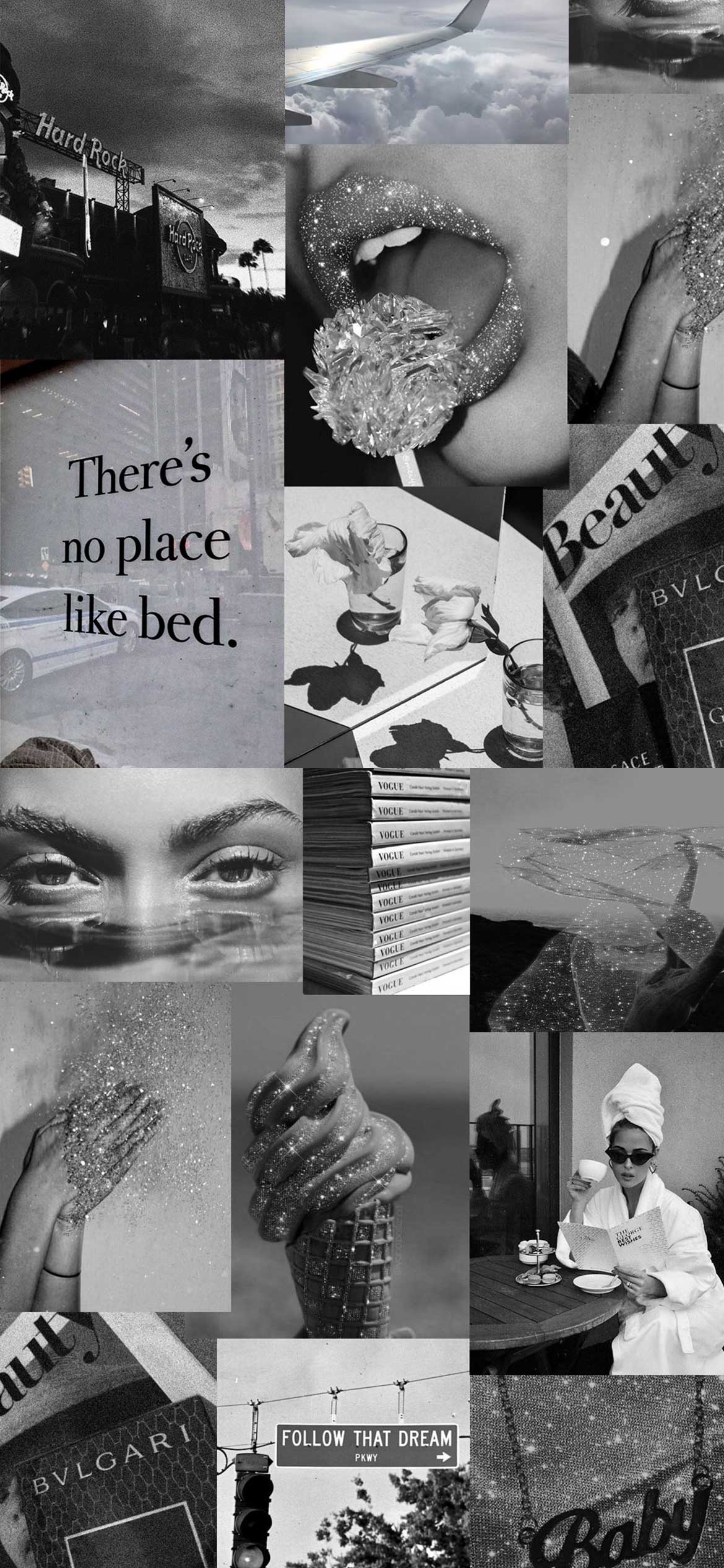 Collage, Schwarz-Weiß, There's No Place Like Bed, Fotowand, Ästhetik, 1170x2532, Handy-Hintergrund