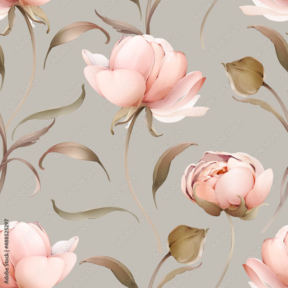 Pfingstrosen, Rosa Blüten, Floral, Grauer Hintergrund, Wallpaper