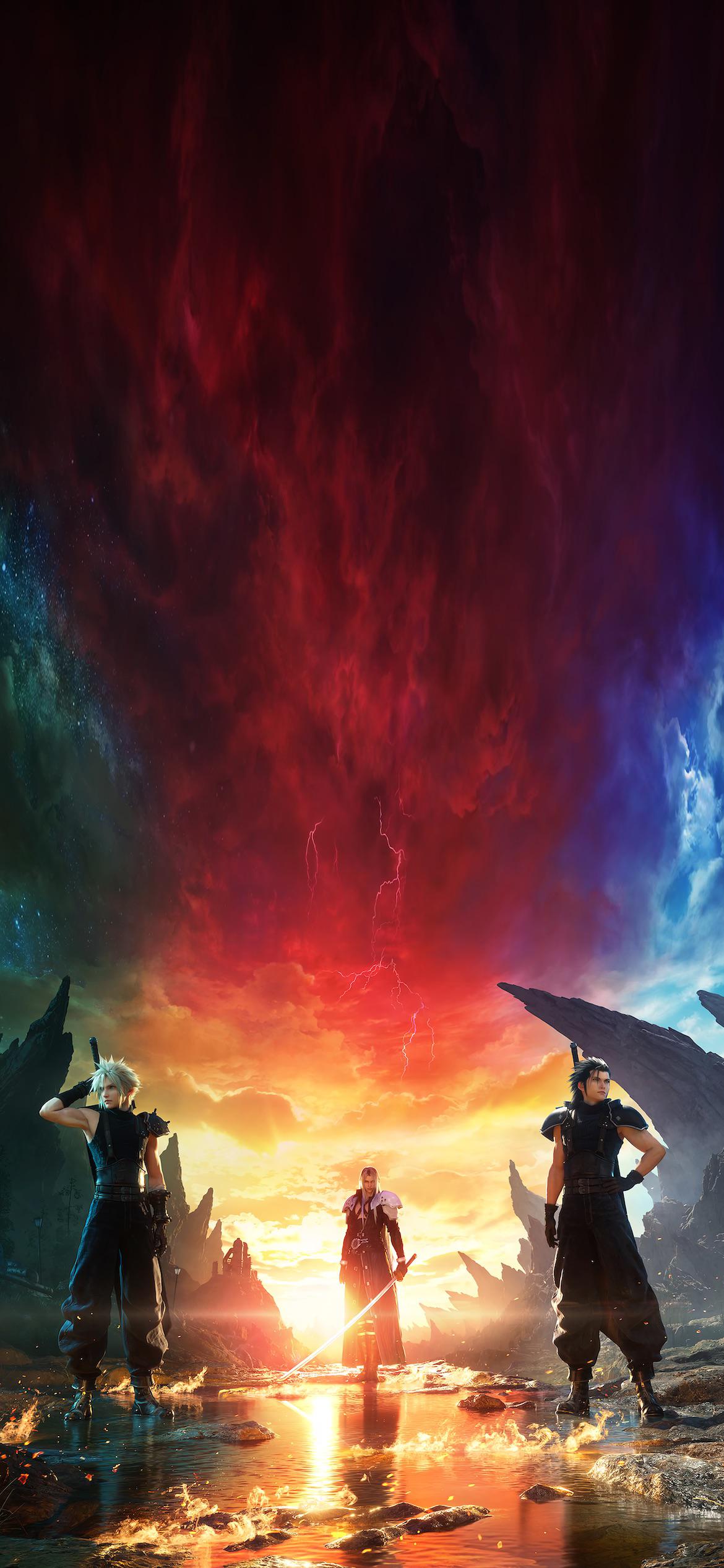 Final Fantasy VII Rebirth, Key Art, Roter Himmel, Silhouetten, Hochformat, 1170x2532, Handy-Hintergrund