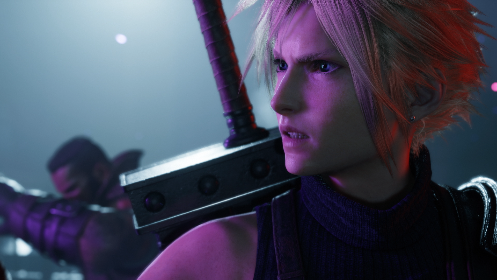 Cloud Strife, Final Fantasy VII Rebirth, Buster Sword, Nahaufnahme, Lila Licht, Full-HD-Hintergrundbild
