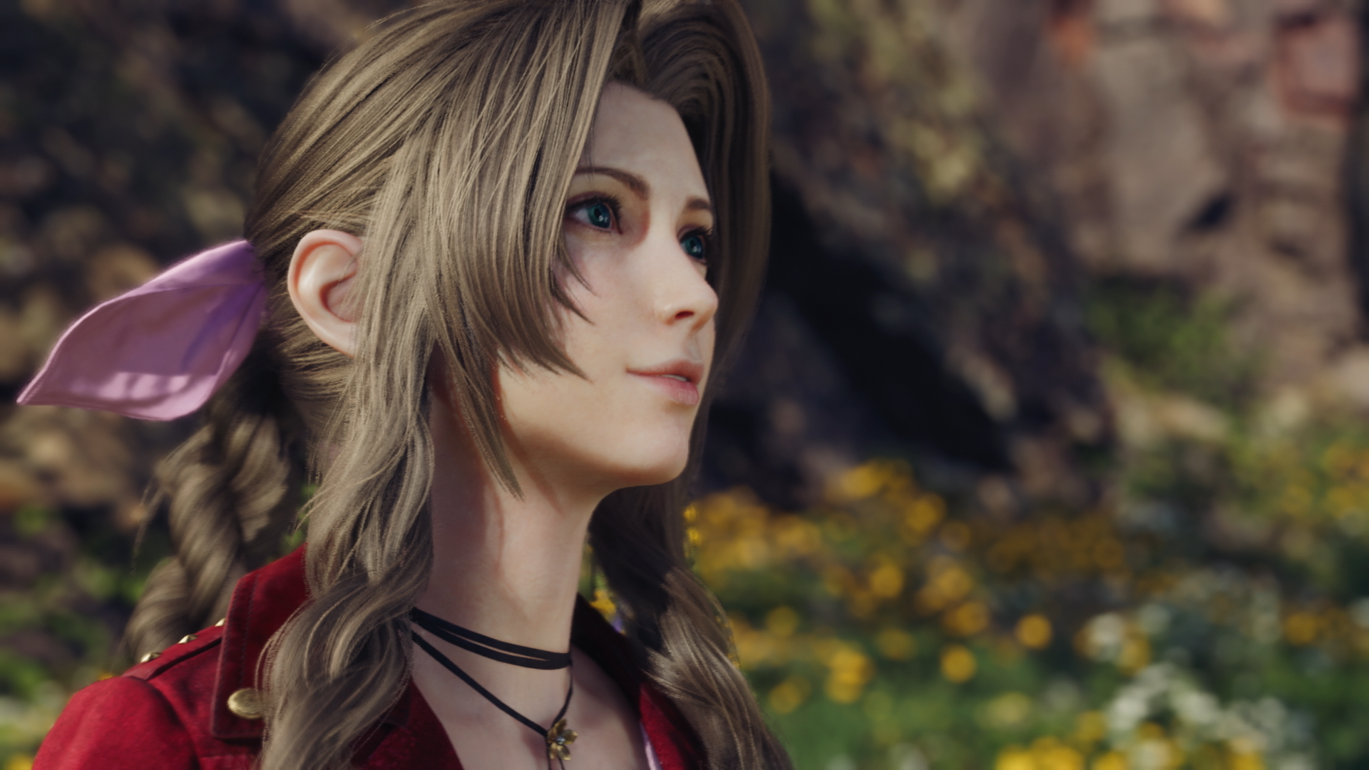 Aerith Gainsborough, Final Fantasy VII Rebirth, Porträt, Blumen, Zopf, Full HD, Laptop-Hintergrundbild