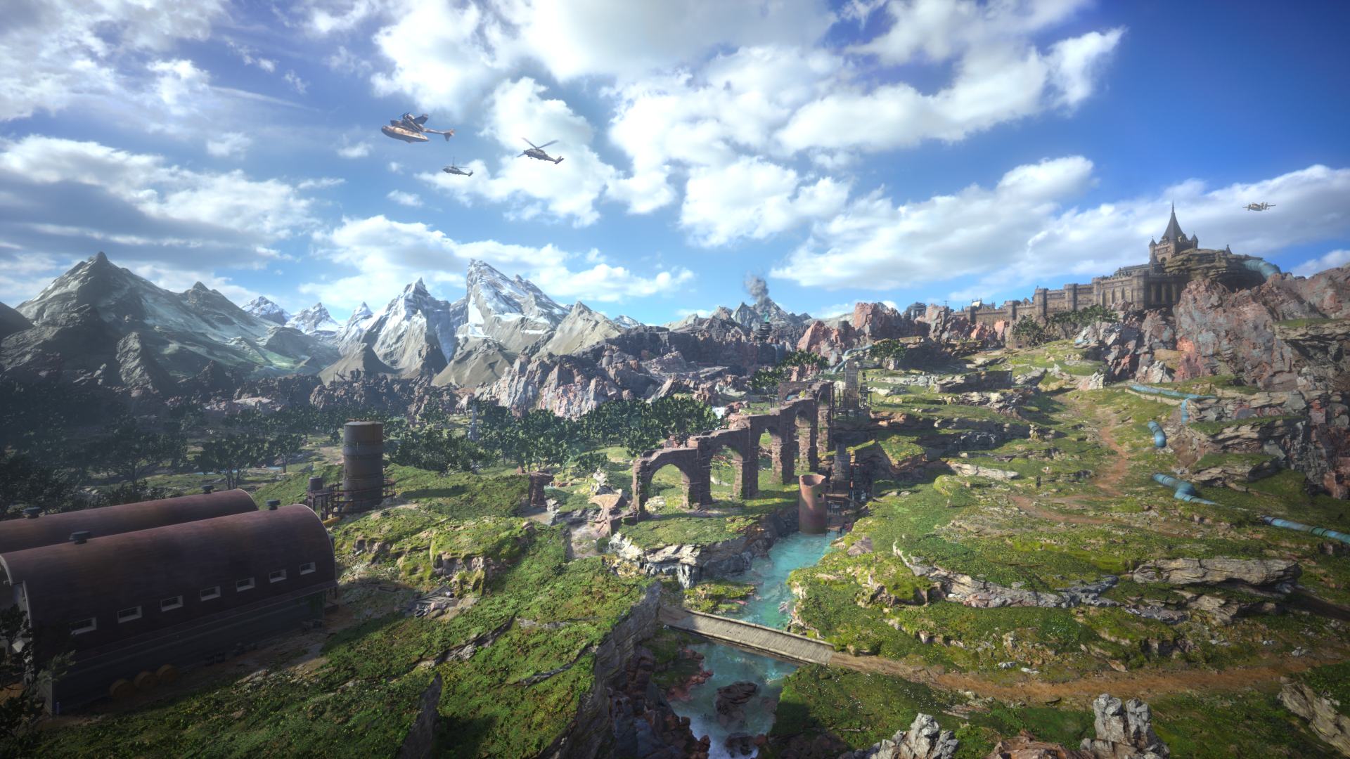 Final Fantasy VII Rebirth, Offene Spielwelt, Grasland, Berge, Panorama, Wolken, 1080p Wallpaper